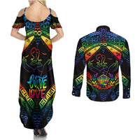 Tonga LGBT Couples Matching Summer Maxi Dress and Long Sleeve Button Shirts Love Is Love Ngatu Rainbow Water Color LT9 - Polynesian Pride