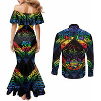 Personalised Tonga LGBT Couples Matching Mermaid Dress and Long Sleeve Button Shirts Love Is Love Ngatu Rainbow Water Color LT9 - Polynesian Pride