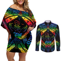 Personalised Tonga LGBT Couples Matching Off Shoulder Short Dress and Long Sleeve Button Shirts Love Is Love Ngatu Rainbow Water Color LT9 Black - Polynesian Pride