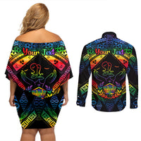 Personalised Tonga LGBT Couples Matching Off Shoulder Short Dress and Long Sleeve Button Shirts Love Is Love Ngatu Rainbow Water Color LT9 - Polynesian Pride