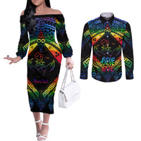 Personalised Tonga LGBT Couples Matching Off The Shoulder Long Sleeve Dress and Long Sleeve Button Shirts Love Is Love Ngatu Rainbow Water Color LT9 Black - Polynesian Pride