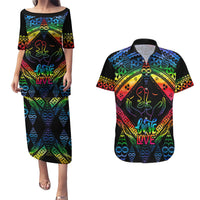 Personalised Tonga LGBT Couples Matching Puletasi Dress and Hawaiian Shirt Love Is Love Ngatu Rainbow Water Color LT9 Black - Polynesian Pride