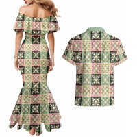 Seamless Pattern Maile and Pikake Lei Couples Matching Mermaid Dress and Hawaiian Shirt Squares Maile Leaf - Polynesian Pride