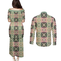 Seamless Pattern Maile and Pikake Lei Couples Matching Puletasi and Long Sleeve Button Shirt Squares Maile Leaf - Polynesian Pride