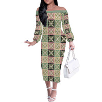 Seamless Pattern Maile and Pikake Lei Off The Shoulder Long Sleeve Dress Squares Maile Leaf - Polynesian Pride