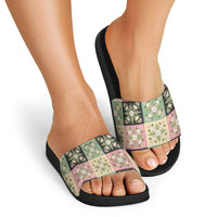 Seamless Pattern Maile and Pikake Lei Slide Sandals Squares Maile Leaf - Polynesian Pride