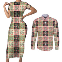 Seamless Pattern Pikake Lei Couples Matching Short Sleeve Bodycon Dress and Long Sleeve Button Shirt Floral Squares Pikake - Polynesian Pride