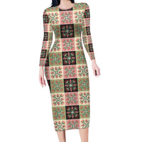 Seamless Pattern Pikake Lei Family Matching Long Sleeve Bodycon Dress and Hawaiian Shirt Floral Squares Pikake LT9 Mom's Dress Pink - Polynesian Pride