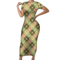 Seamless Pattern Puakenikeni and Kalo Family Matching Short Sleeve Bodycon Dress and Hawaiian Shirt LT9 Mom's Dress Beige - Polynesian Pride