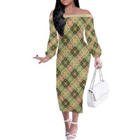 Seamless Pattern Puakenikeni and Kalo Off The Shoulder Long Sleeve Dress LT9 Women Beige - Polynesian Pride
