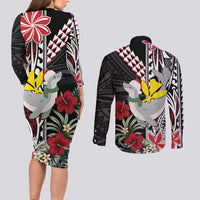 Hawaii Monk Seal Santa Couples Matching Long Sleeve Bodycon Dress and Long Sleeve Button Shirt Hibiscus Kakau Pattern Mele Kalikimaka