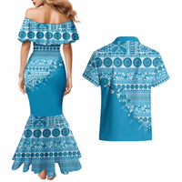 Fiji Marau na Kerisimasi Couples Matching Mermaid Dress and Hawaiian Shirt Aqua Tagimoucia Tapa Masi Tribal LT9 - Polynesian Pride