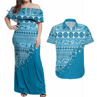 Fiji Marau na Kerisimasi Couples Matching Off Shoulder Maxi Dress and Hawaiian Shirt Aqua Tagimoucia Tapa Masi Tribal LT9 Aqua - Polynesian Pride