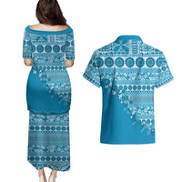 Fiji Marau na Kerisimasi Couples Matching Puletasi and Hawaiian Shirt Aqua Tagimoucia Tapa Masi Tribal LT9 - Polynesian Pride