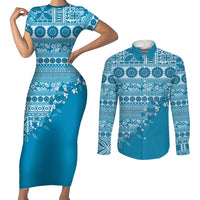 Fiji Marau na Kerisimasi Couples Matching Short Sleeve Bodycon Dress and Long Sleeve Button Shirt Aqua Tagimoucia Tapa Masi Tribal LT9 Aqua - Polynesian Pride