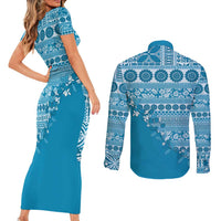 Fiji Marau na Kerisimasi Couples Matching Short Sleeve Bodycon Dress and Long Sleeve Button Shirt Aqua Tagimoucia Tapa Masi Tribal LT9 - Polynesian Pride