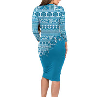 Fiji Marau na Kerisimasi Family Matching Long Sleeve Bodycon Dress and Hawaiian Shirt Aqua Tagimoucia Tapa Masi Tribal - Polynesian Pride