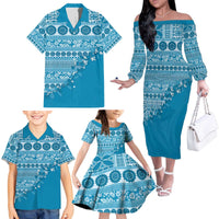 Fiji Marau na Kerisimasi Family Matching Off The Shoulder Long Sleeve Dress and Hawaiian Shirt Aqua Tagimoucia Tapa Masi Tribal LT9 - Polynesian Pride