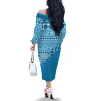 Fiji Marau na Kerisimasi Family Matching Off The Shoulder Long Sleeve Dress and Hawaiian Shirt Aqua Tagimoucia Tapa Masi Tribal LT9 - Polynesian Pride