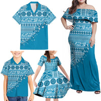 Fiji Marau na Kerisimasi Family Matching Off Shoulder Maxi Dress and Hawaiian Shirt Aqua Tagimoucia Tapa Masi Tribal - Polynesian Pride