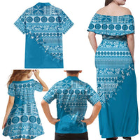 Fiji Marau na Kerisimasi Family Matching Off Shoulder Maxi Dress and Hawaiian Shirt Aqua Tagimoucia Tapa Masi Tribal - Polynesian Pride