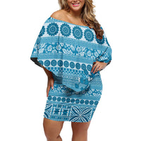 Fiji Marau na Kerisimasi Family Matching Off Shoulder Short Dress and Hawaiian Shirt Aqua Tagimoucia Tapa Masi Tribal LT9 Mom's Dress Aqua - Polynesian Pride