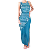 Fiji Marau na Kerisimasi Family Matching Tank Maxi Dress and Hawaiian Shirt Aqua Tagimoucia Tapa Masi Tribal LT9 Mom's Dress Aqua - Polynesian Pride