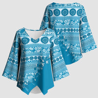 Fiji Marau na Kerisimasi Kimono Sleeve Blouse Aqua Tagimoucia Tapa Masi Tribal - Polynesian Pride