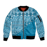 Fiji Marau na Kerisimasi Sleeve Zip Bomber Jacket Aqua Tagimoucia Tapa Masi Tribal - Polynesian Pride
