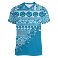 Fiji Marau na Kerisimasi Women V-Neck T-Shirt Aqua Tagimoucia Tapa Masi Tribal - Polynesian Pride