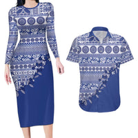 Fiji Marau na Kerisimasi Couples Matching Long Sleeve Bodycon Dress and Hawaiian Shirt Blue Tagimoucia Tapa Masi Tribal LT9 Blue - Polynesian Pride