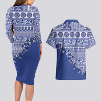 Fiji Marau na Kerisimasi Couples Matching Long Sleeve Bodycon Dress and Hawaiian Shirt Blue Tagimoucia Tapa Masi Tribal LT9 - Polynesian Pride