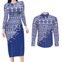 Fiji Marau na Kerisimasi Couples Matching Long Sleeve Bodycon Dress and Long Sleeve Button Shirt Blue Tagimoucia Tapa Masi Tribal - Polynesian Pride