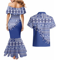 Fiji Marau na Kerisimasi Couples Matching Mermaid Dress and Hawaiian Shirt Blue Tagimoucia Tapa Masi Tribal LT9 - Polynesian Pride