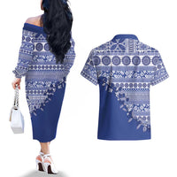 Fiji Marau na Kerisimasi Couples Matching Off The Shoulder Long Sleeve Dress and Hawaiian Shirt Blue Tagimoucia Tapa Masi Tribal - Polynesian Pride
