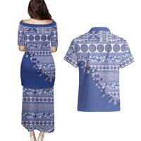 Fiji Marau na Kerisimasi Couples Matching Puletasi and Hawaiian Shirt Blue Tagimoucia Tapa Masi Tribal LT9 - Polynesian Pride