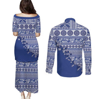 Fiji Marau na Kerisimasi Couples Matching Puletasi and Long Sleeve Button Shirt Blue Tagimoucia Tapa Masi Tribal LT9 - Polynesian Pride