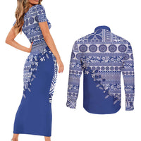 Fiji Marau na Kerisimasi Couples Matching Short Sleeve Bodycon Dress and Long Sleeve Button Shirt Blue Tagimoucia Tapa Masi Tribal LT9 - Polynesian Pride