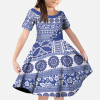 Fiji Marau na Kerisimasi Family Matching Off The Shoulder Long Sleeve Dress and Hawaiian Shirt Blue Tagimoucia Tapa Masi Tribal LT9 Daughter's Dress Blue - Polynesian Pride