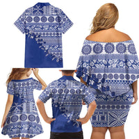 Fiji Marau na Kerisimasi Family Matching Off Shoulder Short Dress and Hawaiian Shirt Blue Tagimoucia Tapa Masi Tribal - Polynesian Pride