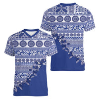 Fiji Marau na Kerisimasi Women V-Neck T-Shirt Blue Tagimoucia Tapa Masi Tribal LT9 - Polynesian Pride
