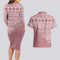 Fiji Marau na Kerisimasi Couples Matching Long Sleeve Bodycon Dress and Hawaiian Shirt Dusty Rose Tagimoucia Tapa Masi Tribal LT9 - Polynesian Pride