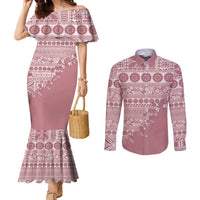 Fiji Marau na Kerisimasi Couples Matching Mermaid Dress and Long Sleeve Button Shirt Dusty Rose Tagimoucia Tapa Masi Tribal - Polynesian Pride