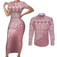 Fiji Marau na Kerisimasi Couples Matching Short Sleeve Bodycon Dress and Long Sleeve Button Shirt Dusty Rose Tagimoucia Tapa Masi Tribal LT9 Pink - Polynesian Pride