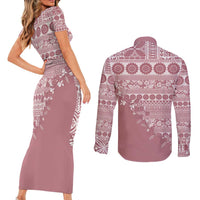 Fiji Marau na Kerisimasi Couples Matching Short Sleeve Bodycon Dress and Long Sleeve Button Shirt Dusty Rose Tagimoucia Tapa Masi Tribal - Polynesian Pride
