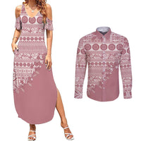 Fiji Marau na Kerisimasi Couples Matching Summer Maxi Dress and Long Sleeve Button Shirt Dusty Rose Tagimoucia Tapa Masi Tribal LT9 Pink - Polynesian Pride