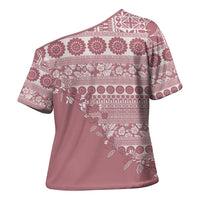 Fiji Marau na Kerisimasi Cross Shoulder Shirt Dusty Rose Tagimoucia Tapa Masi Tribal LT9 - Polynesian Pride