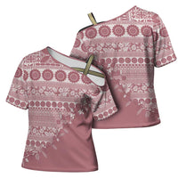 Fiji Marau na Kerisimasi Cross Shoulder Shirt Dusty Rose Tagimoucia Tapa Masi Tribal LT9 - Polynesian Pride