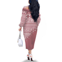 Fiji Marau na Kerisimasi Family Matching Off The Shoulder Long Sleeve Dress and Hawaiian Shirt Dusty Rose Tagimoucia Tapa Masi Tribal LT9 - Polynesian Pride