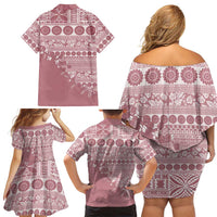 Fiji Marau na Kerisimasi Family Matching Off Shoulder Short Dress and Hawaiian Shirt Dusty Rose Tagimoucia Tapa Masi Tribal LT9 - Polynesian Pride